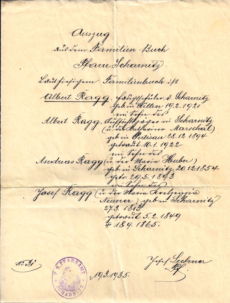 ragg 1935-03-19 - 2110CAweb - Ragg Albert jun - Auszug aus dem Familienbuch - Pfarre Scharnitz - S01 A